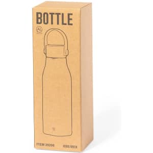 A drink bottle in a green hue, presented in a brown cardboard box with a handle and branding.