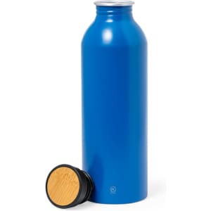 A drink bottle in vibrant blue with a wooden top, featuring a simple logo at the base.
