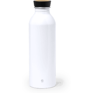 A drink bottle in white with a black lid and a wooden top. Features a branding logo on the side.
