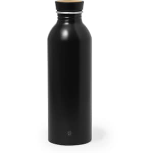A drink bottle in matte black with a wooden top, featuring a simple design and a logo.