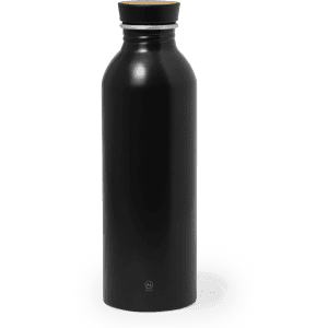 A drink bottle in sleek black finish with a wooden lid and a minimalistic design. Features a logo on the side.