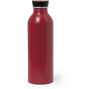 A drink bottle in a vibrant red colour with a black cap and wooden accent, featuring a logo.