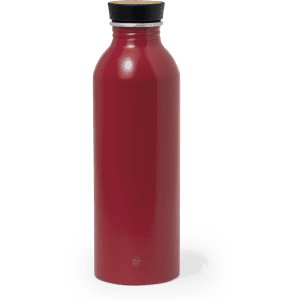 A drink bottle in a vibrant red colour with a black lid and a simple design. It features a logo at the base.