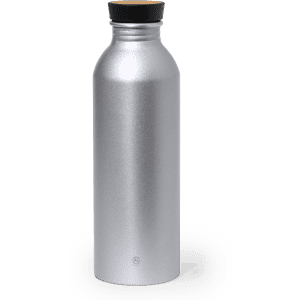 A drink bottle in a sleek silver finish with a black lid and a minimalist design. It features a logo on the base.