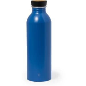 A drink bottle in vibrant blue with a black cap and a round body, featuring a logo on its side.