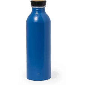 A drink bottle in a vibrant blue colour with a black cap and a logo.