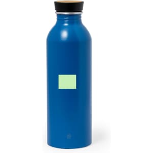 A drink bottle in vibrant blue with a black lid and a simple green label on the body.