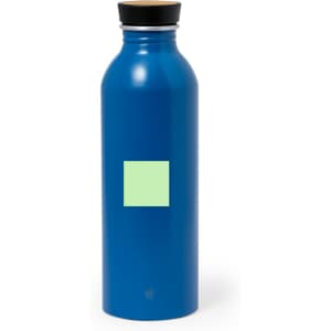 A drink bottle in blue with a wooden cap and a square label. The design features a simple, modern style.