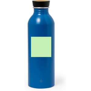 A drink bottle in a vibrant blue colour with a black lid and a light green blank area on the front.