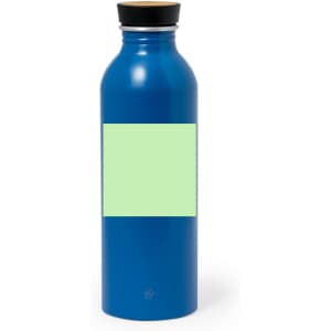 A drink bottle in vibrant blue with a black lid and a plain green label area for customisation.