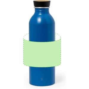 A drink bottle in a vibrant blue colour with a screw-on black lid and a circular section for branding.