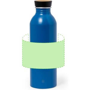 A drink bottle in vibrant blue with a wooden lid, featuring a logo on the body.