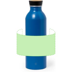 A drink bottle in vibrant blue with a black screw-on lid, featuring a logo and a blank green label area.