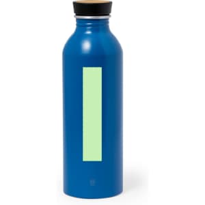 A drink bottle in vibrant blue with a mint green rectangular section and a wooden cap. It features a logo.