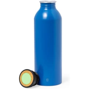 A drink bottle in vibrant blue, featuring a silver cap and a black bottom component.