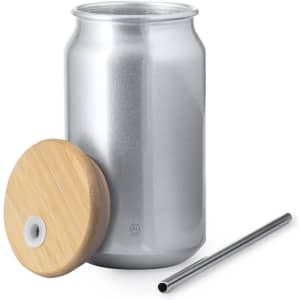 A drink bottle designed like a silver can, features a bamboo lid and a stainless steel straw.