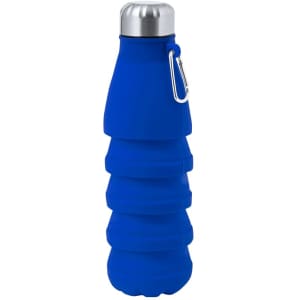 A drink bottle in vibrant blue silicone with a stainless steel lid and a built-in carabiner for easy attachment.