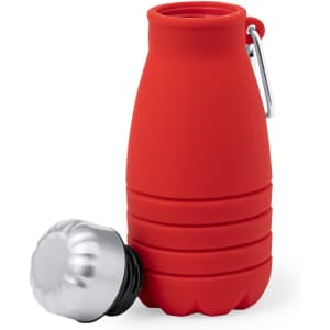 A red foldable drink bottle made of silicone, featuring a silver cap and a built-in carabiner for easy attachment.