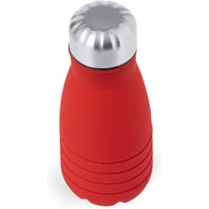 A drink bottle in vibrant red with a silver top, featuring a sleek, foldable design and a logo.