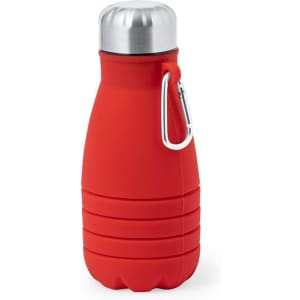 A drink bottle in bright red silicone with a silver stainless steel lid and a metal carabiner attached.
