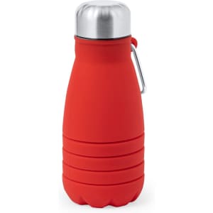 A drink bottle in vibrant red with a stainless steel top and a sturdy clip for attachment.