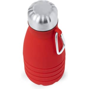 A red drink bottle with a silver cap and an attached carabiner, featuring a ribbed design and a logo.