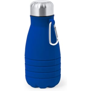A blue foldable drink bottle with a stainless steel lid and a metal carabiner clip. It features a textured silicone body.