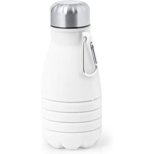 A drink bottle in white with a silver cap and a carabiner clip, featuring a logo.