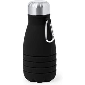 A drink bottle in black with a silver lid and attached carabiner, featuring a textured design.