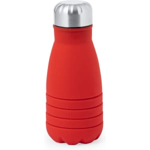 A drink bottle in vibrant red with a silver cap and a ribbed silicone body. Features a logo on the surface.