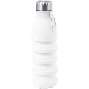 A drink bottle in white with a silver cap and a foldable design, featuring a clip for easy attachment.