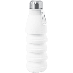 A drink bottle in white with a silver top and a carabiner clip, featuring a foldable design.
