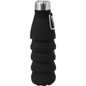 A drink bottle in black with a stainless steel top and a collapsible design, featuring a metal carabiner.