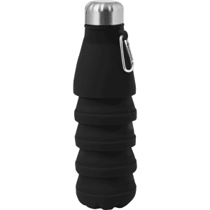 A drink bottle in matte black silicone with a stainless steel lid and a carabiner attachment. It features a foldable design.