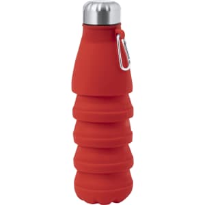 A drink bottle in vibrant red with a foldable design and a silver top, featuring a carabiner clip.