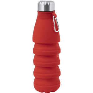 A drink bottle in vibrant red with a foldable silicone design and a stainless steel cap, featuring a carabiner.