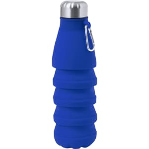 A drink bottle in vibrant blue with a foldable design and a metal top, featuring a carabiner attachment.