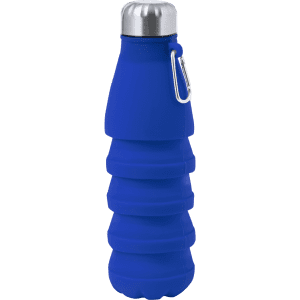 A drink bottle in vibrant blue, made of flexible material, featuring a silver top and a carabiner clip.