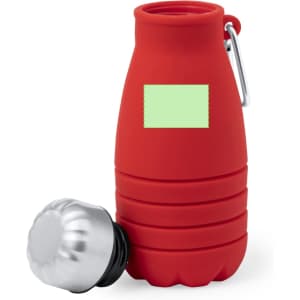 A drink bottle in red silicone with a silver cap and a logo area, designed for foldability.