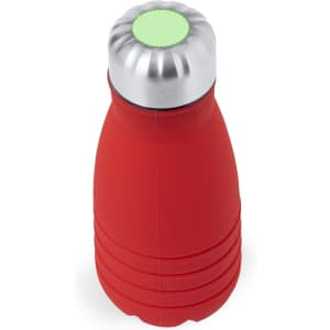 A drink bottle in bright red with a silver cap and a textured body. Features a logo on the side.