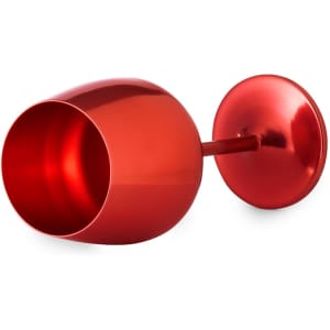 A drink bottle in a shiny red finish, featuring a modern design and a stemmed base. It has a logo on its surface.
