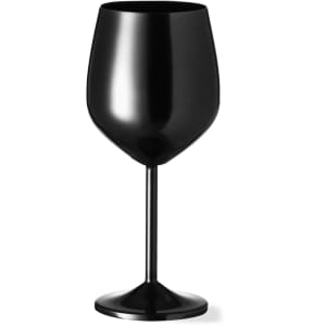 A drink bottle in the shape of a sleek black wine glass, featuring a glossy finish and a tall stem.