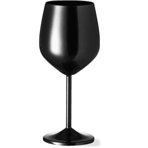 A drink bottle in sleek black, featuring a glossy finish and a tall, elegant stem. It has a logo on the surface.