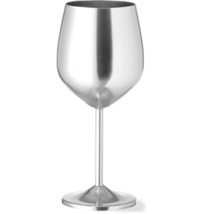 A stainless steel wine glass with a smooth, shiny finish and a tall stem. It features a round base and a sleek design.