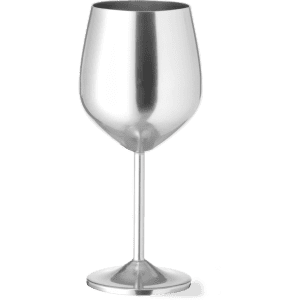 A silver wine glass with a smooth, shiny finish and a tall stem, featuring a round base.