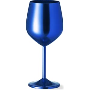 A drink bottle featuring a shiny blue wine glass design with a tall stem and wide bowl. It has a logo.