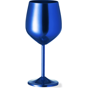 A drink bottle in a shiny blue finish, featuring a stem and a wide cup design, complete with a logo.