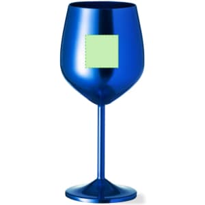 A drink bottle in a shiny blue finish with a stem, featuring a square area for branding.