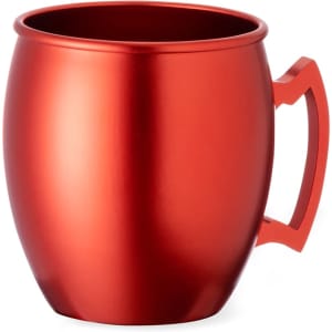 A red drinkware coffee mug with a unique oval shape and a sturdy handle, featuring a branding logo.