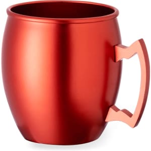 A coffee mug in a shiny red finish with a distinctive handle design. It features a smooth, metallic surface.
